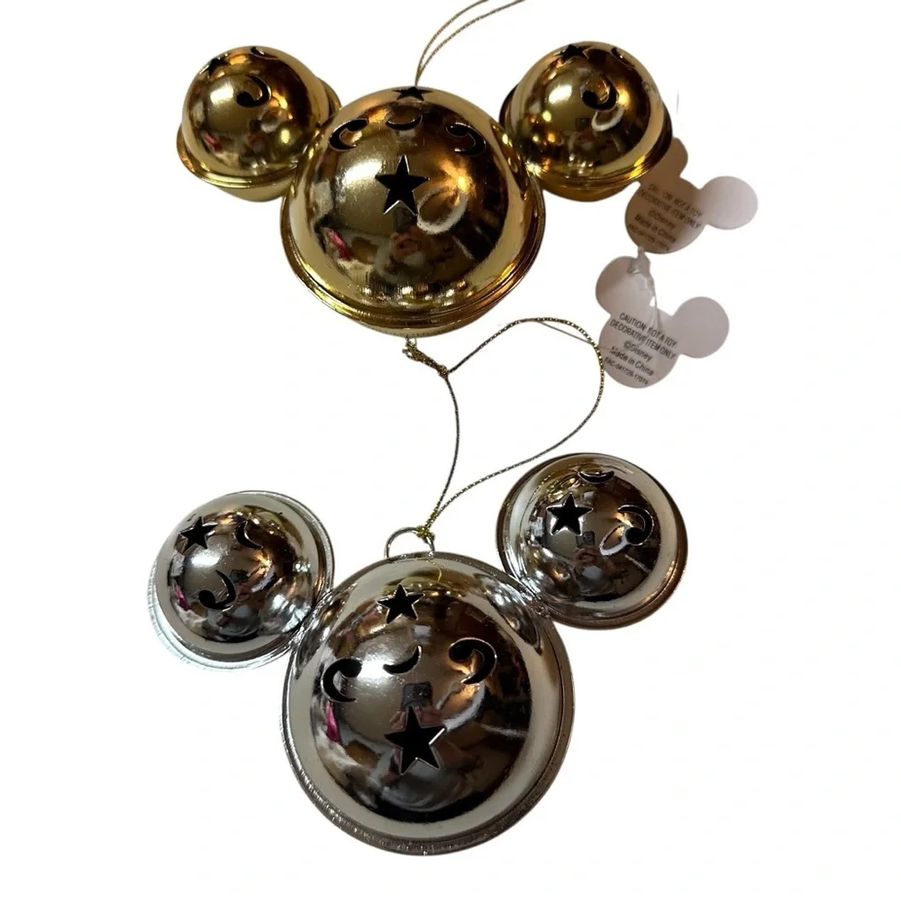NWT Disney Mickey Ears Ornaments- Mickey Mouse Metal Bell Gold Tone, Silver Tone